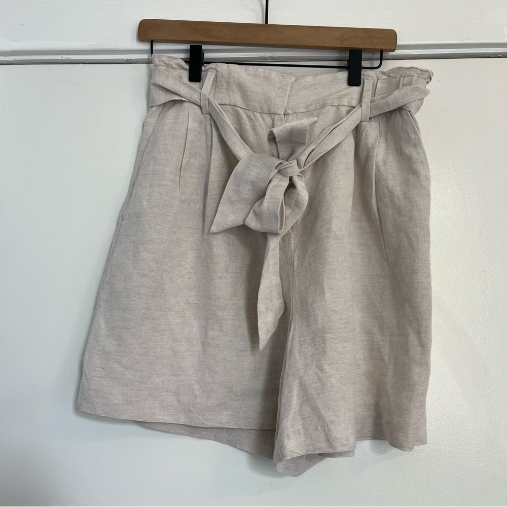 H&M Linen Blend Shorts Women's Cream high waist belt paper bag size 10 bow
